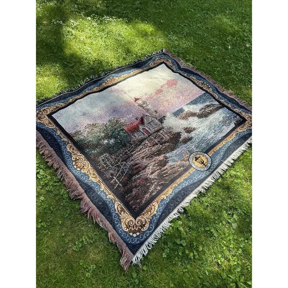 Thomas Kinkade Throw Fringe Tapestry Blanket Painter Of Light Lighthouse 55 X 46